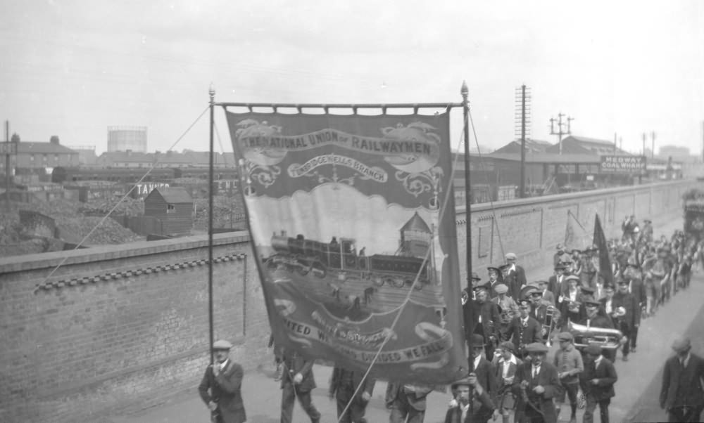 March of Railway Worker Union Members by the Railway Yards - c 1920