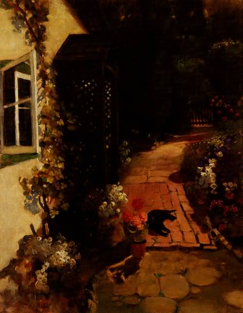 Cottage Garden with Black Cat - c 1914